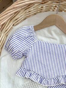 SHEIN 女嬰夏季可愛藍白條紋短袖上衣與長褲 2 件套裝 - 藍白色 - 查看 3