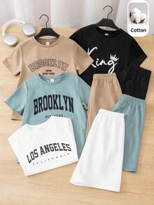 SHEIN 8pcs/Set Kaos dan Celana Pendek Kasual Longgar Bergambar Huruf untuk Anak Laki-Laki Remaja, Cocok untuk Berpergian, Sekolah, Santai Sehari-hari, Olahraga, Musim Semi/Panas - MultiWarna - View 6