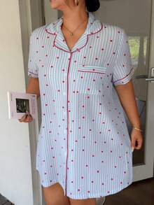 Dream Adore Plus Size Women Striped Heart Print Casual Nightgown For Daily Wear - Blue - View 6