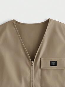 EASEVO Men Plus Size Autumn Casual Flap Pocket Zip-Up Loose Fit Vest, Vacation, Father's Day Gifts Going Out , Football - Camel - View 4