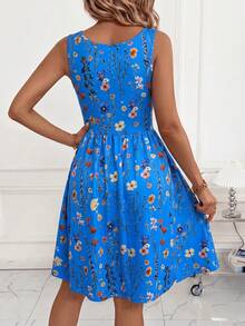 SHEIN Clasi Váy nữ mới thanh lịch cổ chữ U, chiết eo tôn dáng, họa tiết hoa, phù hợp mặc đi du lịch và mặc hàng ngày - Màu xanh lam - Xem 2