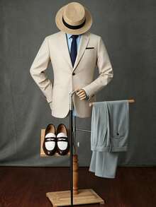 Manfinity Mode Blazer Pria Lengan Panjang untuk Perjalanan Bisnis dengan Kerah Berlekuk - Krem - View 3