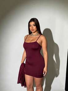 Viva Relle 大尺碼女款純色性感細肩帶洋裝搭配亮片透視辣妹短版罩衫 2件套 秋季 - 酒紅色 - 查看 3
