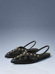 CUCCOO GRLICON Spice Girl Fried Street, Metal Rivets, Black Hollow Flat Shoes, Holiday Atmosphere, Summer Wear, A Must For Travel, Y2K - Black - View 8