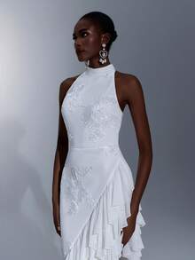 Elitara Vestido de Noche Formal Elegante Minimalista con Bordado de Cinta, Volantes Asimétricos y Hombros Descubiertos, Blanco, para Boda, Gala y Primavera - Blanco - Ver 12