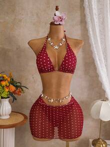 Bonvoyette Conjunto de bikini de 3 piezas con falda de cuello halter y estampado aleatorio para mujer, primavera/verano - Multicolor - Ver 5