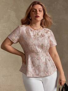 SHEIN Privé Women's Plus Size Elegant Minimalist Jacquard Waist-Cinched A-Line Pleated Shirt For Party High Tea, Street, Commute And Date Pink Summer - Pink - View 4