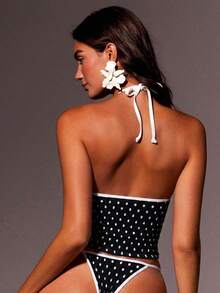 Athîral Resort Summer Women's Two-Piece Swimming Suit Set, Featuring White With Black Polka Dots Polka Dot Patterns, With A See-Through Top And A Laced Bottom - Multicolor - View 2