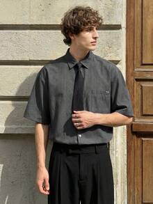 SWAVVY Men's Single-Breasted Preppy Style Short Sleeve Shirt - Dark Grey - View 2