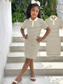 SHEIN Tween Girl Tween Girls Summer Squishy Striped Knit Pullover POLO Collar V-Neck Dress, Versatile For Formal Occasions, Outings, Vacation, Streetwear, Suitable For Any Occasion, Sister Outfits, Parent-Child Outfits, Cute Girl Styling - Apricot - View 1