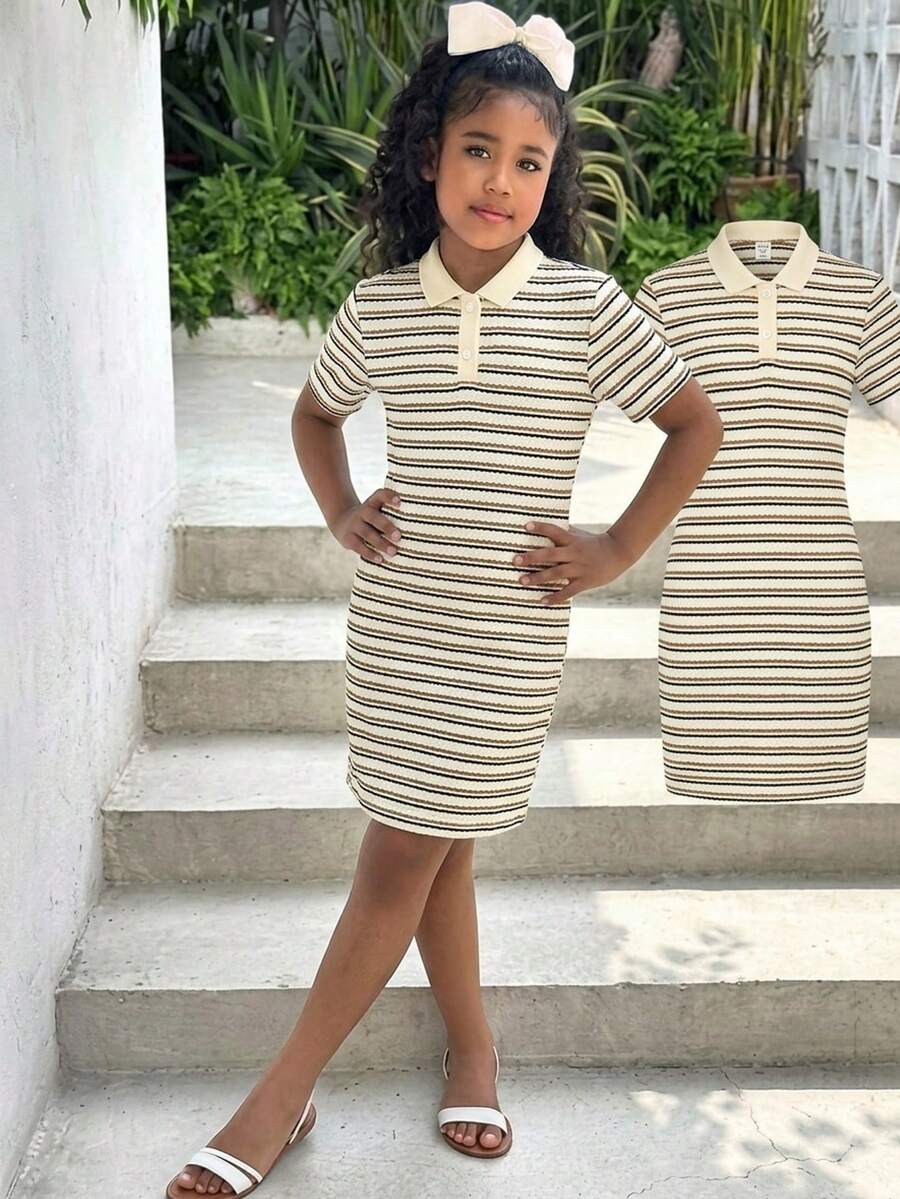 SHEIN Tween Girl Tween Girls Summer Squishy Striped Knit Pullover POLO Collar V-Neck Dress, Versatile For Formal Occasions, Outings, Vacation, Streetwear, Suitable For Any Occasion, Sister Outfits, Parent-Child Outfits, Cute Girl Styling - Apricot - View 1