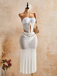 Bellisia 26SS Spring/Summer Women's Elegant Solid Color Camisole Backless Asymmetric Hem Textured Fabric 2-Piece Swimsuit Set - Beige - View 5