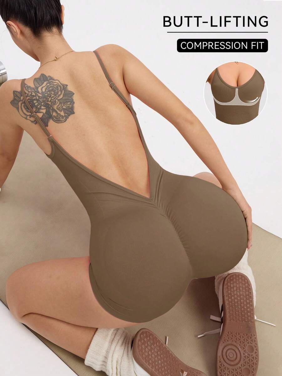 Slayform Slayform Women's Solid Color Open Back Camisole And Bike Shorts Jumpsuit, For Daily Workout Chinese New Year Compression Bodysuit Bbl Shapewear Body Suit Fit - Khaki - View 1