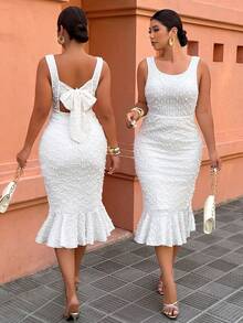 Weeklong Women's Plus Size Spring/Summer Elegant Vacation Round Neck Fitted Mermaid Hem Ruffle Textured Knit Stretch Fabric Back Bow Dress - Apricot - View 1