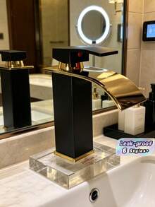 This 1 Piece Sink Faucet Features A Matte Black Waterfall Spout, High-Arc Alloy Material, Streamlined Design, Dual Hot And Cold Water Control, And Leak-Proof Details. It Is Suitable For Modern Bathroom Renovations, Rental Property Renovations, And Spring/Autumn Decorating Scenarios, Embodying A Modern Minimalist Style. - Multicolor - View 1