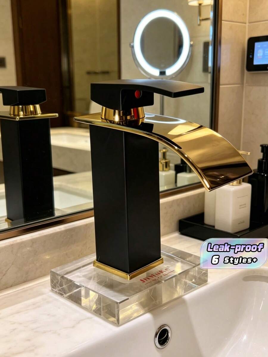 This 1 Piece Sink Faucet Features A Matte Black Waterfall Spout, High-Arc Alloy Material, Streamlined Design, Dual Hot And Cold Water Control, And Leak-Proof Details. It Is Suitable For Modern Bathroom Renovations, Rental Property Renovations, And Spring/Autumn Decorating Scenarios, Embodying A Modern Minimalist Style. - Multicolor - View 1