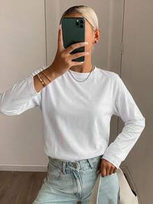 DAZY Solid Round Neck Tee,Fall Clothes Long Sleeve Women Tops - White - View 14