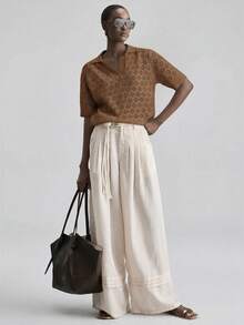 Ontre Elegant Versatile Lapel Hollow Knit Short Sleeve Top - Brown - View 6