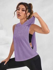 SHEIN Sports 女款網眼素色無袖寬鬆字母印花連帽運動衛衣 - 紫色 - 查看 6