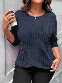 SHEIN LUNE Plus Size Women's Spring/Autumn Casual Button Decor Ribbed Texture Long Sleeve T-Shirt Fall - Navy Blue - View 4
