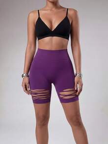 Radiana Shorts mi-longs moulants athlétiques déchirés pour femmes - Prune - Voir 8