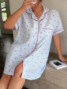 Dream Adore Plus Size Women Striped Heart Print Casual Nightgown For Daily Wear - Blue - View 3