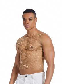 DSELFIQUE Men's Sexy Regular Fit Silver Fishnet Tank Top - Gold - View 4