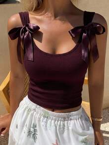 Joudiya Backless Bow-Tie Lace Up Short Sleeve Women's Slim Fit T-Shirt Going Out Tops Summer Halter Top - Burgundy - View 16