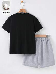 SHEIN 兒童青少年男童休閒簡約圓領短袖T恤與短褲兩件套，適合夏季 - 黑色 - 查看 6