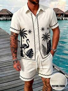 Alderstead Men's Single-Breasted Short Sleeve Plant Pattern Shirt With Pocket And Shorts Set - Multicolor - View 4