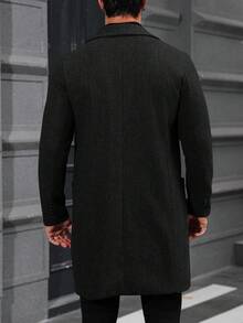 Manfinity Mode 男士纯色翻领单排扣休闲长袖大衣，秋冬商务休闲冬装外套 - 黑色 - 查看 2