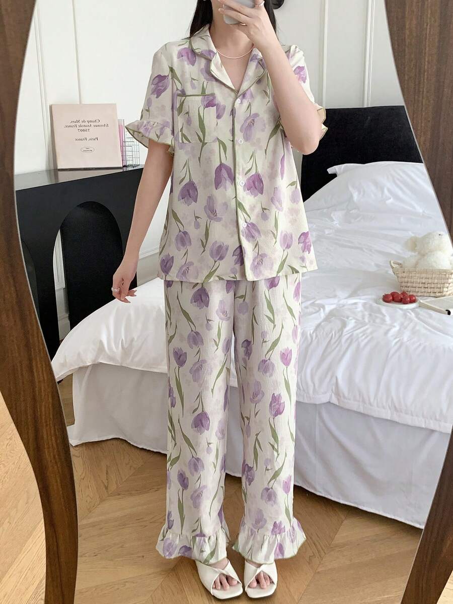 少女睡衣花卉印花泡泡纱翻领单排扣短袖上衣和裤子睡衣套装,春夏 - 彩色 - 查看 1