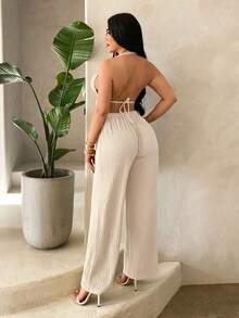 SHEIN SXY Women's Beach Vacation Club Vacation Vacation Textured Sexy Tropical Tropical Pleated Halter Neck Tank Top And Loose Long Pants Set Beige Summer - Apricot - View 2