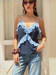 Serisse Women's Summer Navy Blue Polka Dot Ruffle V-Neck Casual Cute French Tropical Versatile Daily Vacation Outing Camisole Top For Date Night Tea Party - Multicolor - View 10