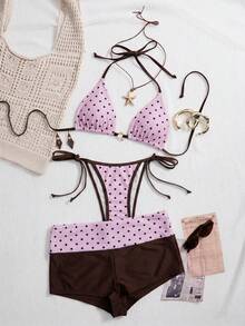 Swim Mod 26SS Spring/Summer Vacation Beach Polka Dot Bikini With Shorts 3 PiecesSwimsuit Set - Multicolor - View 5
