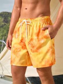 Manfinity VDAYZ Men's Casual Printed Drawstring Beach Shorts, Holiday - Pale Yellow - View 2