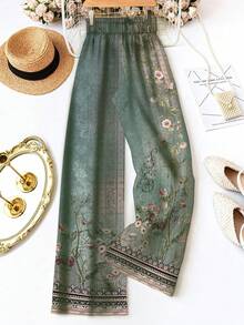 SHEIN LUNE Women's Green Floral Vintage Waist Tie Trousers,Boho Summer Vacation Holiday Tea Party Cottagecore Printed Pants,Gift For Mom Spring Fall Wedding - Multicolor - View 2