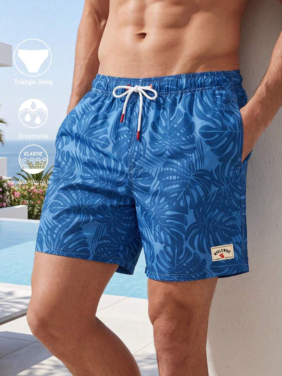 Manfinity Swimmode 男士熱帶植物印花抽繩腰海灘短褲,度假款 - 彩色 - 查看 1
