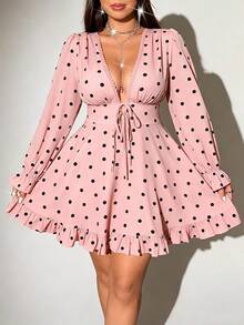 Viva Relle Plus Size Women's Polka Dot Print Deep V-Neck Long Sleeve Ruffle Dress - Pink - View 1