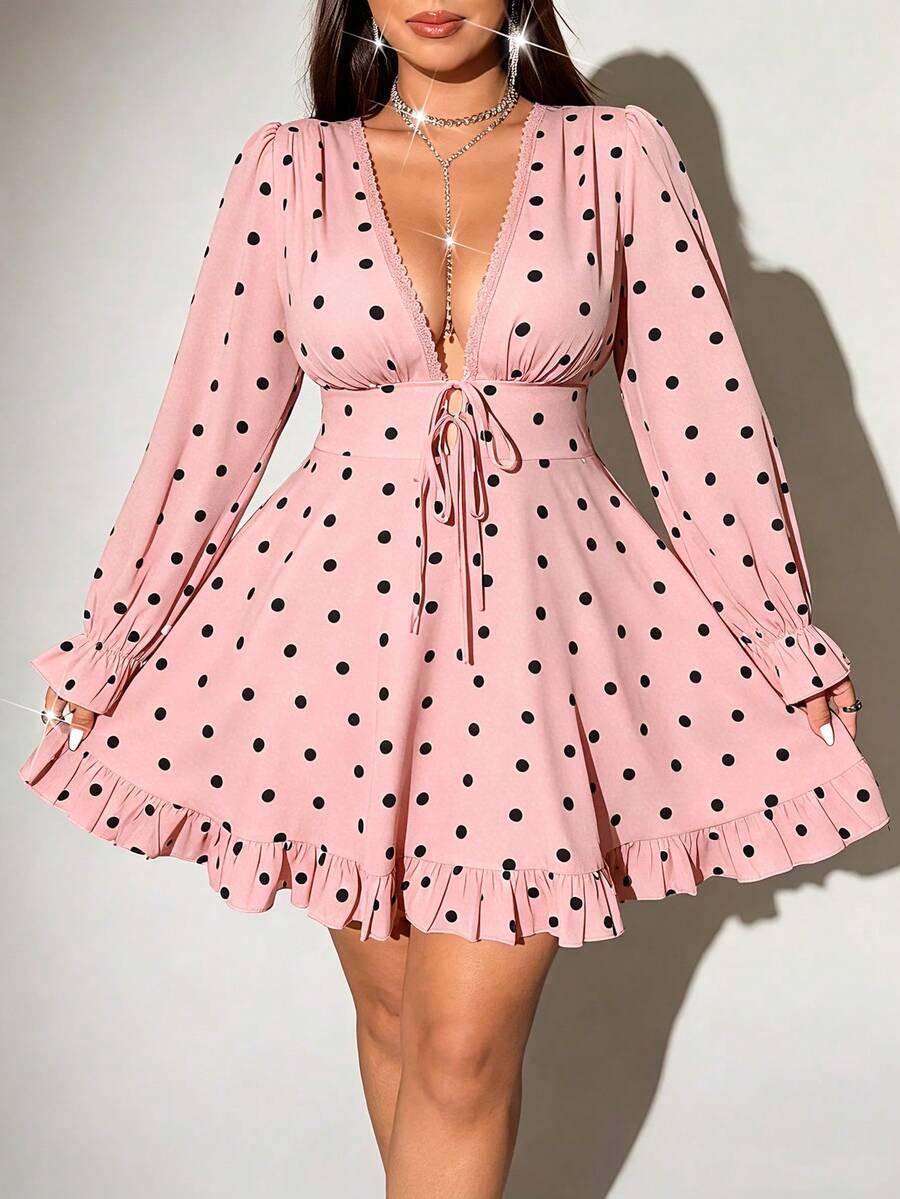 Viva Relle Plus Size Women's Polka Dot Print Deep V-Neck Long Sleeve Ruffle Dress - Pink - View 1
