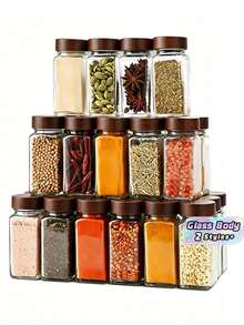 1pc/5pcs Set Glass Spice Jars With Rosewood Lids, Square Glass Bottles With Stands, Airtight Pepper And Seasoning Containers - Multicolor - View 1