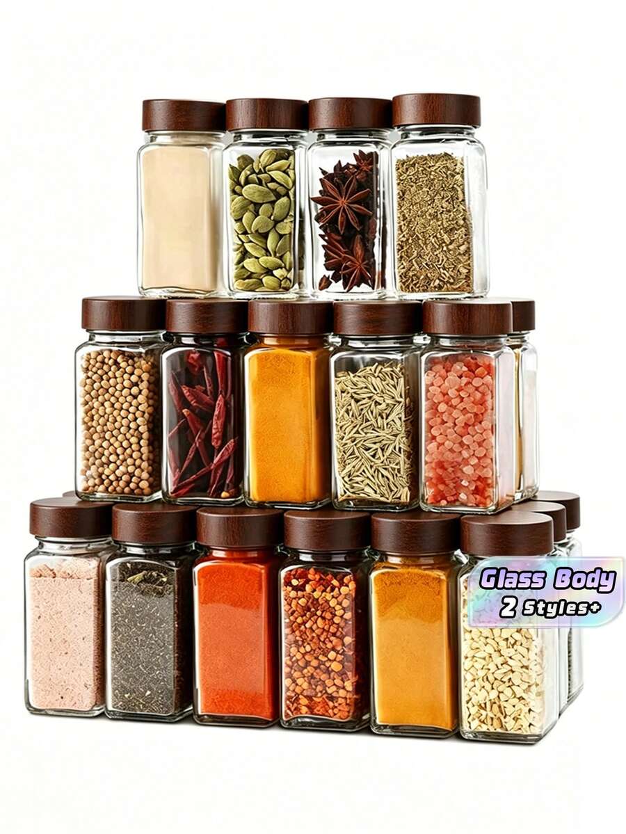 1pc/5pcs Set Glass Spice Jars With Rosewood Lids, Square Glass Bottles With Stands, Airtight Pepper And Seasoning Containers - Multicolor - View 1