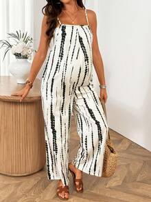 SHEIN 孕婦拼接色休閒日常外出細肩帶連身褲 - 米色 - 查看 5