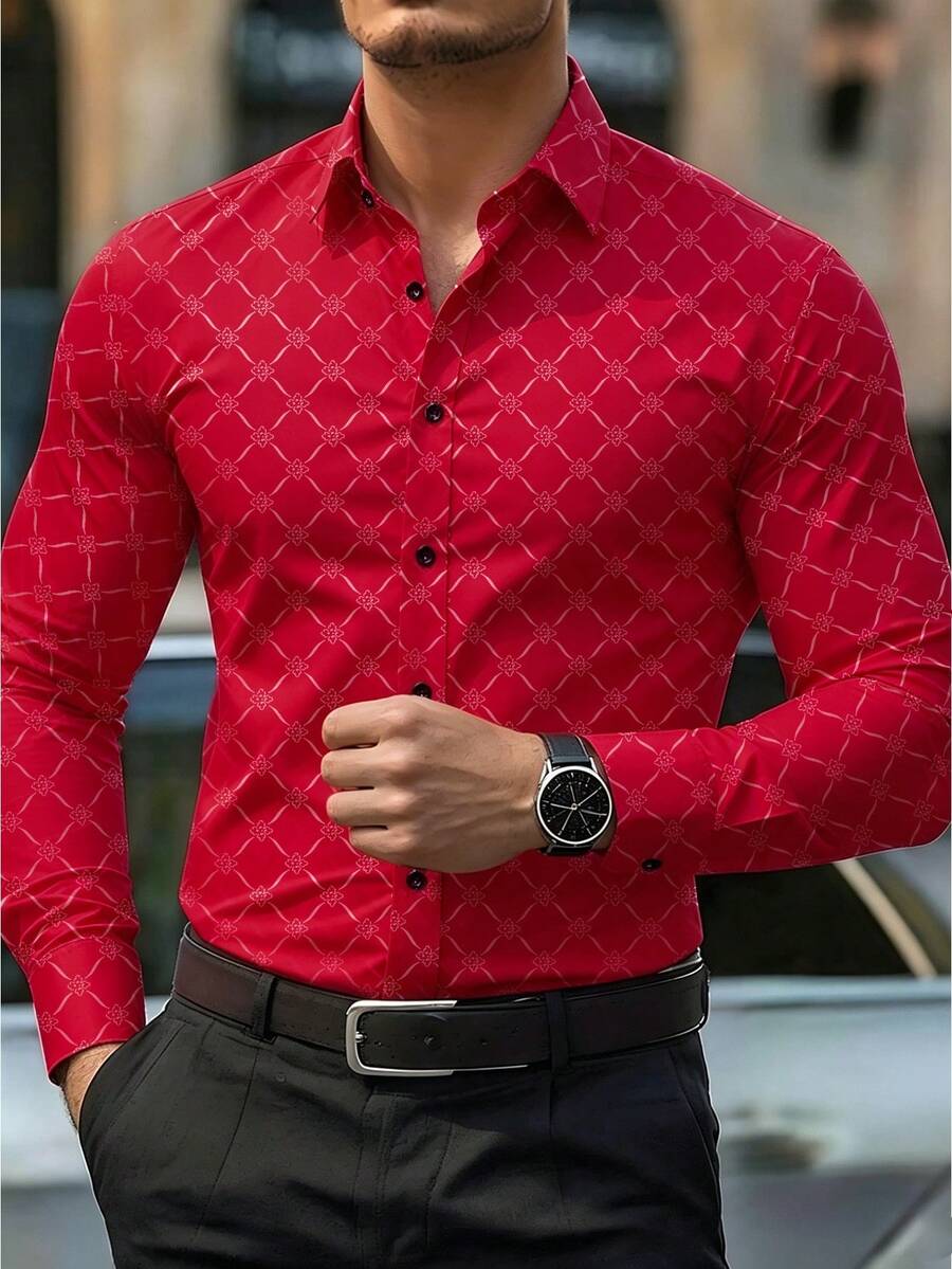 Manfinity Mode Men's Button Down Long Sleeve Slim Fit Business Formal Dress Shirt, Long Sleeve Men Shirt,Fall, Ceremony - Red - View 1
