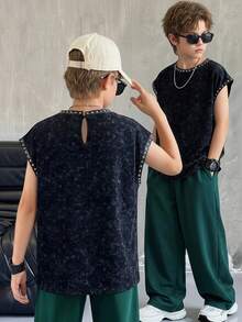 SHEIN Tween-Jungen Kinder/Preteens Lässiger Streetstyle Locker gestrickter Weste mit Nieten-Besatz und Kordelzug, geeignet für Frühling/Sommer, Alltagstragen, Sport, Ausflüge, Schule, Veranstaltungen, Feiertage, Fotoshootings, Schulanfangszeit - Schwarz - Übersicht 3