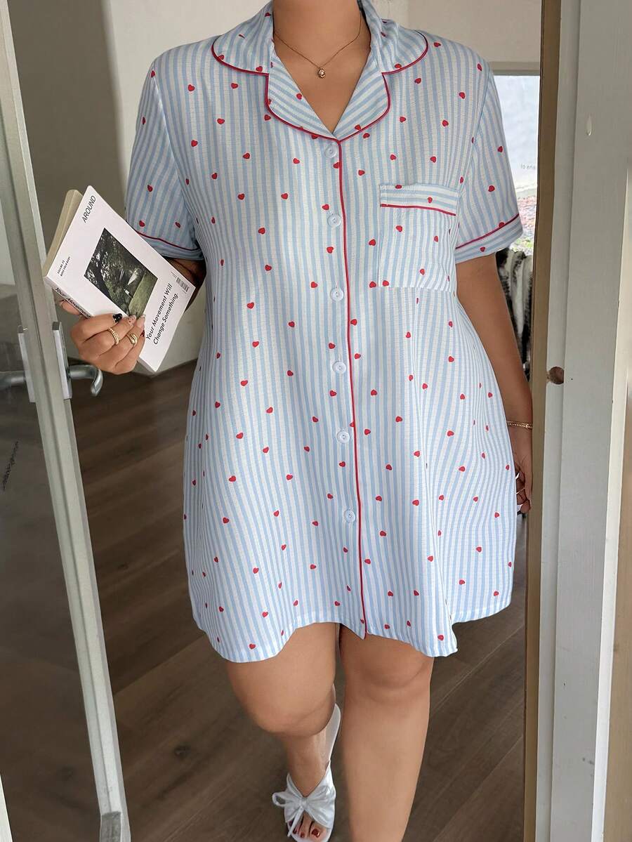 Dream Adore Plus Size Women Striped Heart Print Casual Nightgown For Daily Wear - Blue - View 1