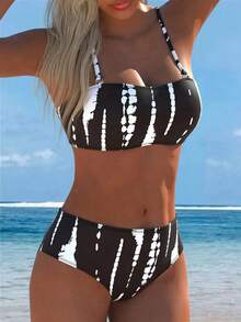 Swim Vcay Set de 2 piezas Bikini bandeau con estampado de cebra para mujer - Blanco y Negro - Ver 3