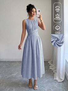 SHEIN LUNE Women's Summer Blue & White Striped Fabric Round Neck Cinched Waist Full Skirt Sleeveless Maxi Dress, Elegant & Sophisticated Birthday Gift, Date, Party, Carnival, Travel, Beach, Vacation, Street Photography, Atmospheric Outfit, Summer Clothing, Summer Dress, Summer New Arrival, Must-Have Fashion Item, Niche Design, Versatile Style, Women's Casual Vacation Style Maxi Dress - Blue - View 3