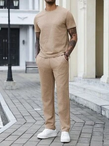Manfinity Homme Men's Knit Textured Fabric Mature Casual Holiday Daily Gift For Husband Boyfriend Long Pants Short Sleeve T-Shirt Set - Khaki - View 3