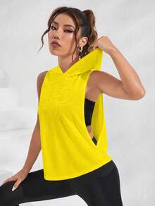 SHEIN Sports Sudadera con capucha casual para mujer con estampado de letras y bajo dividido - Amarillo - Ver 6